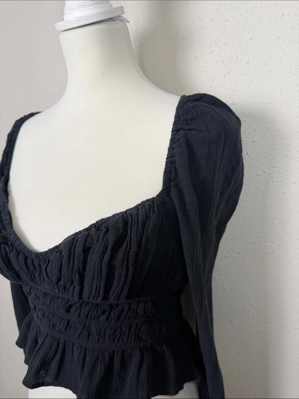 Free People Black Smocked Peplum Top Long Sleeve Cotton Gauze Boho Blouse XS-S